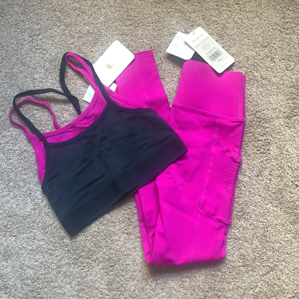 Fabletics pink/purple/navy blue workout set